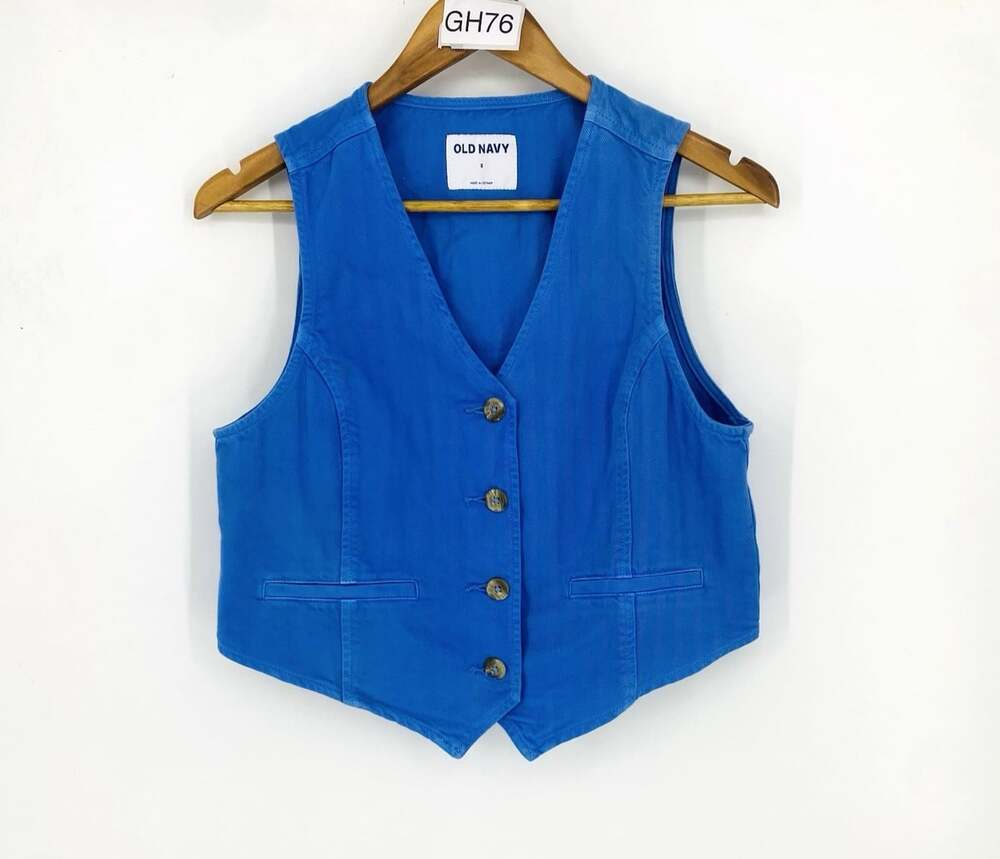 Old Navy Womens Vest Small Blue Cotton Denim Button Front Tailored Coastal Prep